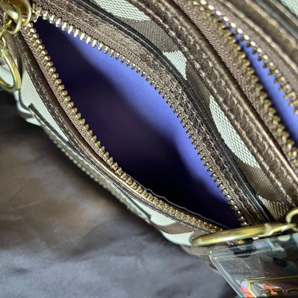 Coach Poppy C op art glam bronze metallic leather brown jacquard canvas tote bag